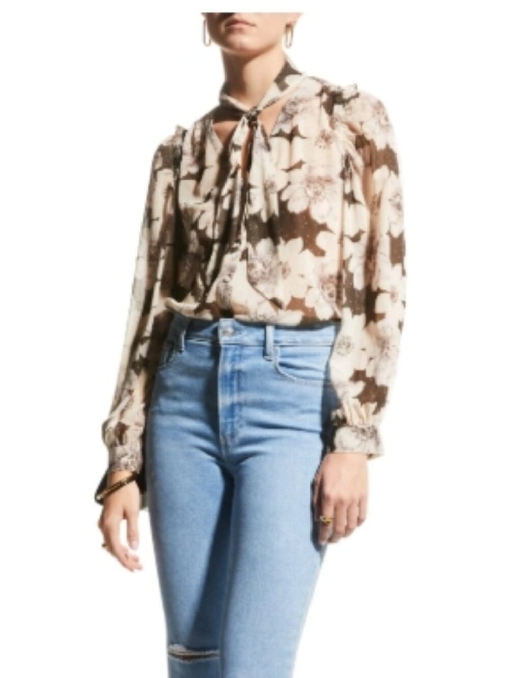 Like New! PAIGE Denim Giada Blouse Cream and Black Floral Tie-Neck in Size S - Picture 3 of 16
